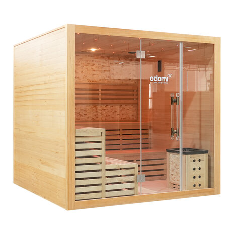Vierkante sauna met dubbele banken, saunakachel en glazen deur