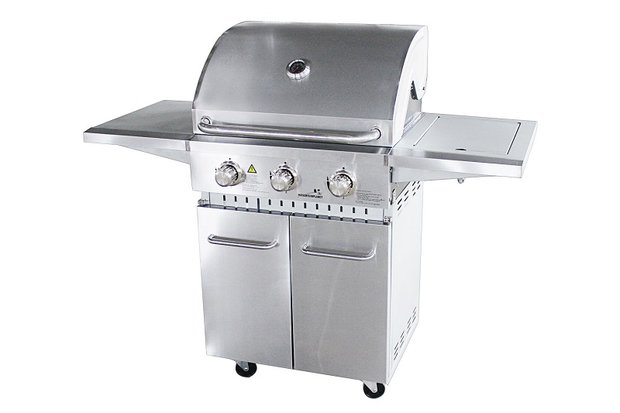 Gasbarbecue RVS 3 branders vooraanzicht &ndash; gietijzeren rooster en warmhoudrek verrijdbaar