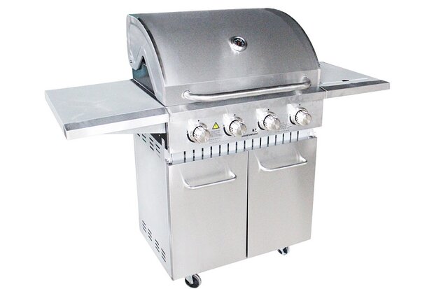 Gasbarbecue RVS 4 branders vooraanzicht &ndash; gietijzeren rooster warmhoudrek en zijbrander verrijdbaar