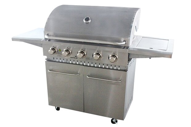 Gasbarbecue RVS 5 branders vooraanzicht &ndash; gietijzeren rooster warmhoudrek zijbrander verrijdbaar